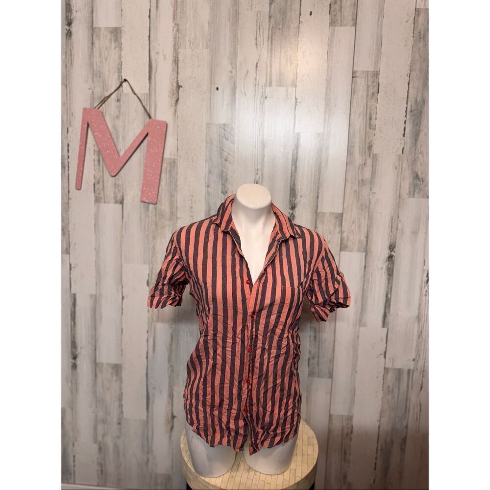 Brittania Striped Button Front Shirt Coral Gray Cotton Blouse Size M